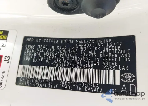 2012 Toyota Corolla S/Le z USA, uszkodzony, nr VIN 2T1BU4EE3CC876855